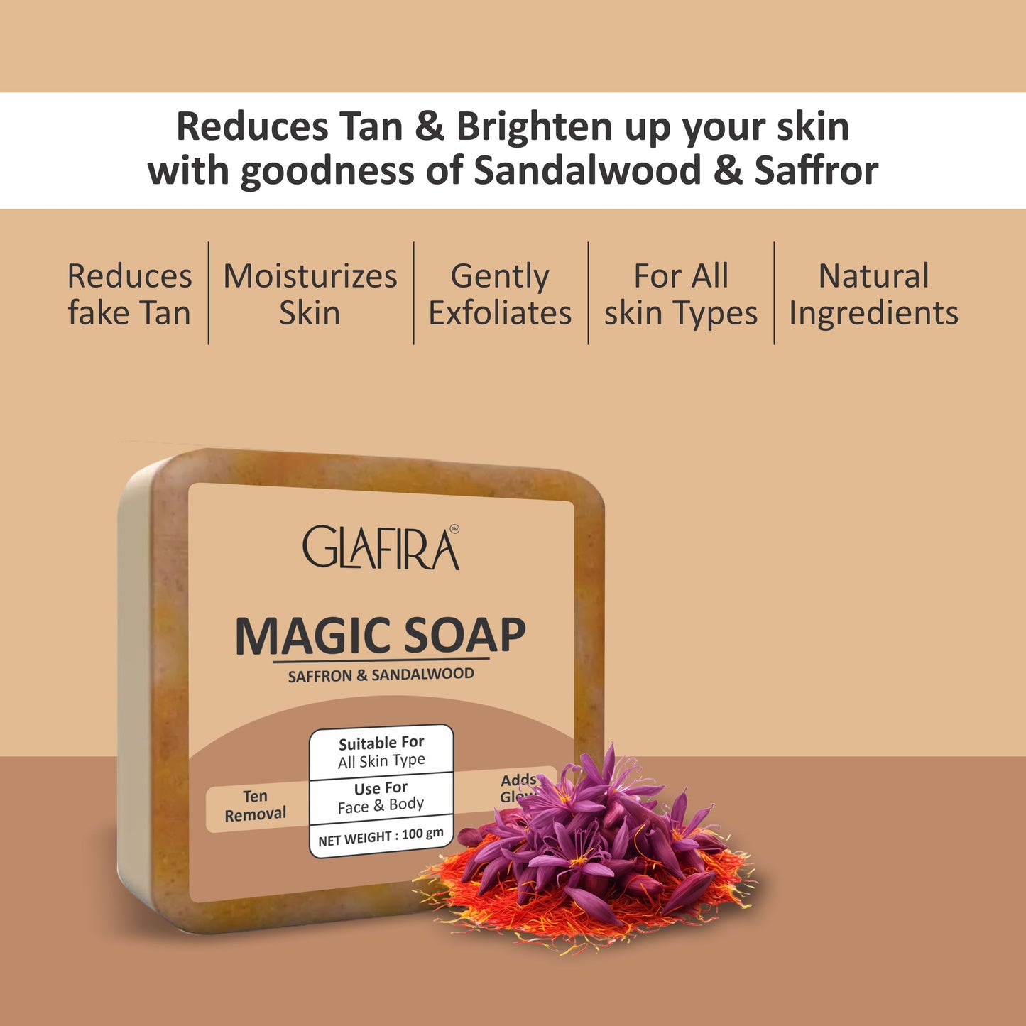 Magic Soap with Saffron & Sandalwood for Tan Removal & Glowing Skin