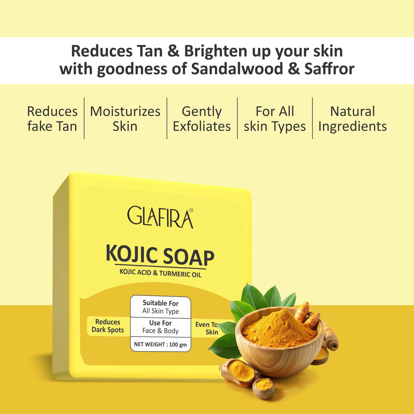 Glafira Kojic Soap - Skin Brightening with Kojic Acid & Turmeric Oil | Reduces Tan & Dark Spots