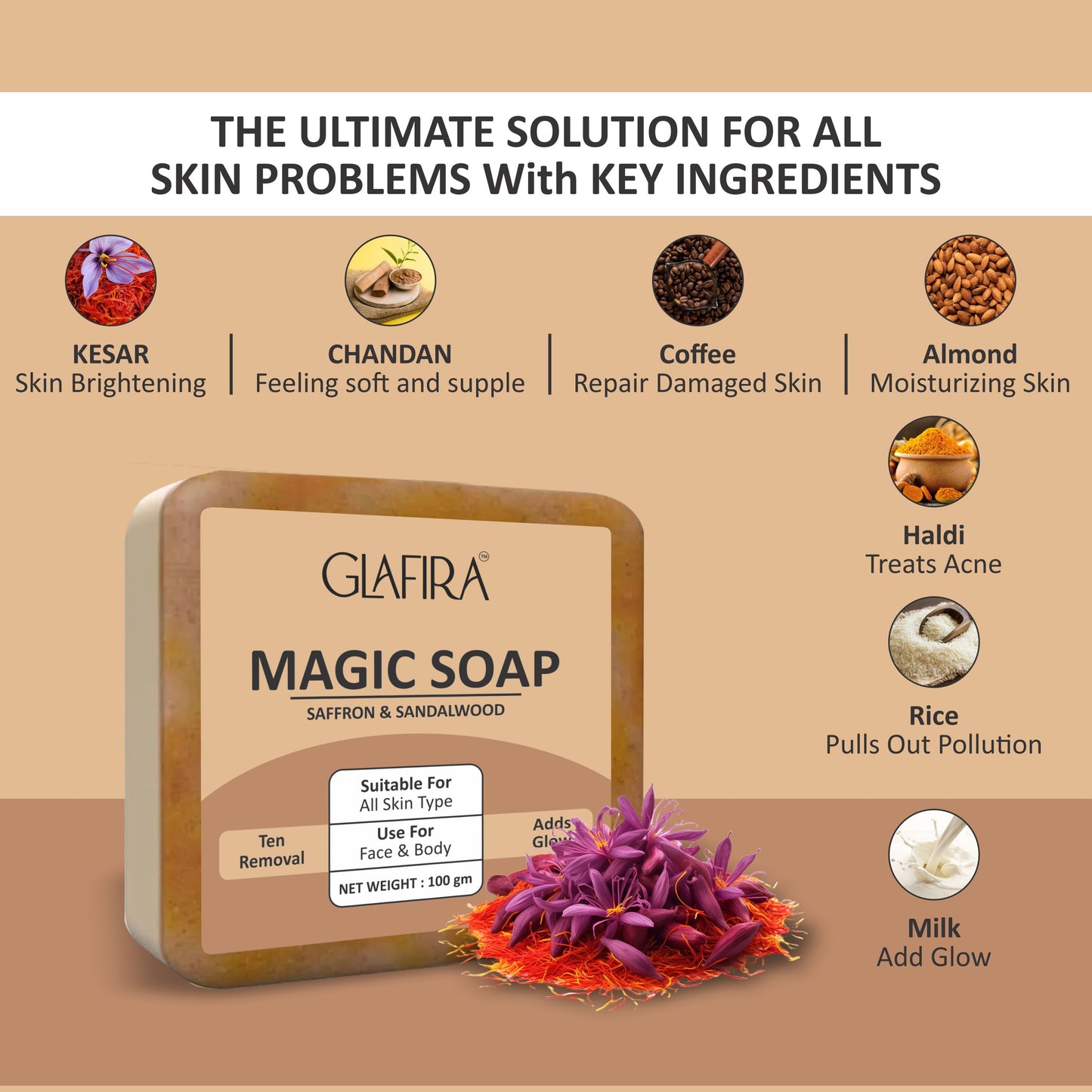 Magic Soap with Saffron & Sandalwood for Tan Removal & Glowing Skin