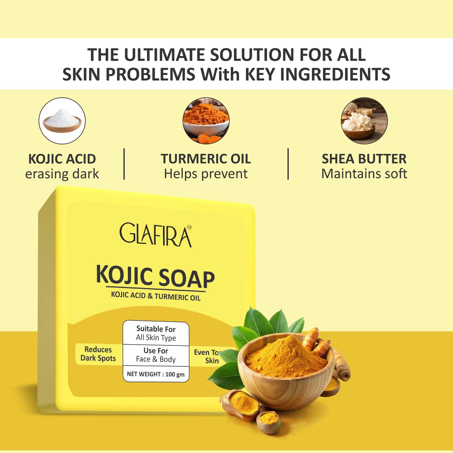 Glafira Kojic Soap - Skin Brightening with Kojic Acid & Turmeric Oil | Reduces Tan & Dark Spots