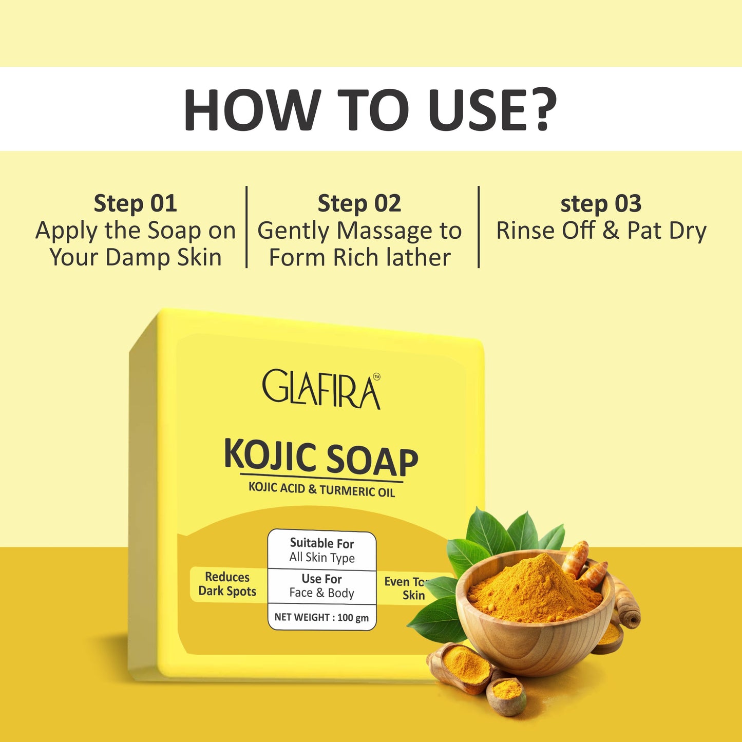 Glafira Kojic Soap - Skin Brightening with Kojic Acid & Turmeric Oil | Reduces Tan & Dark Spots